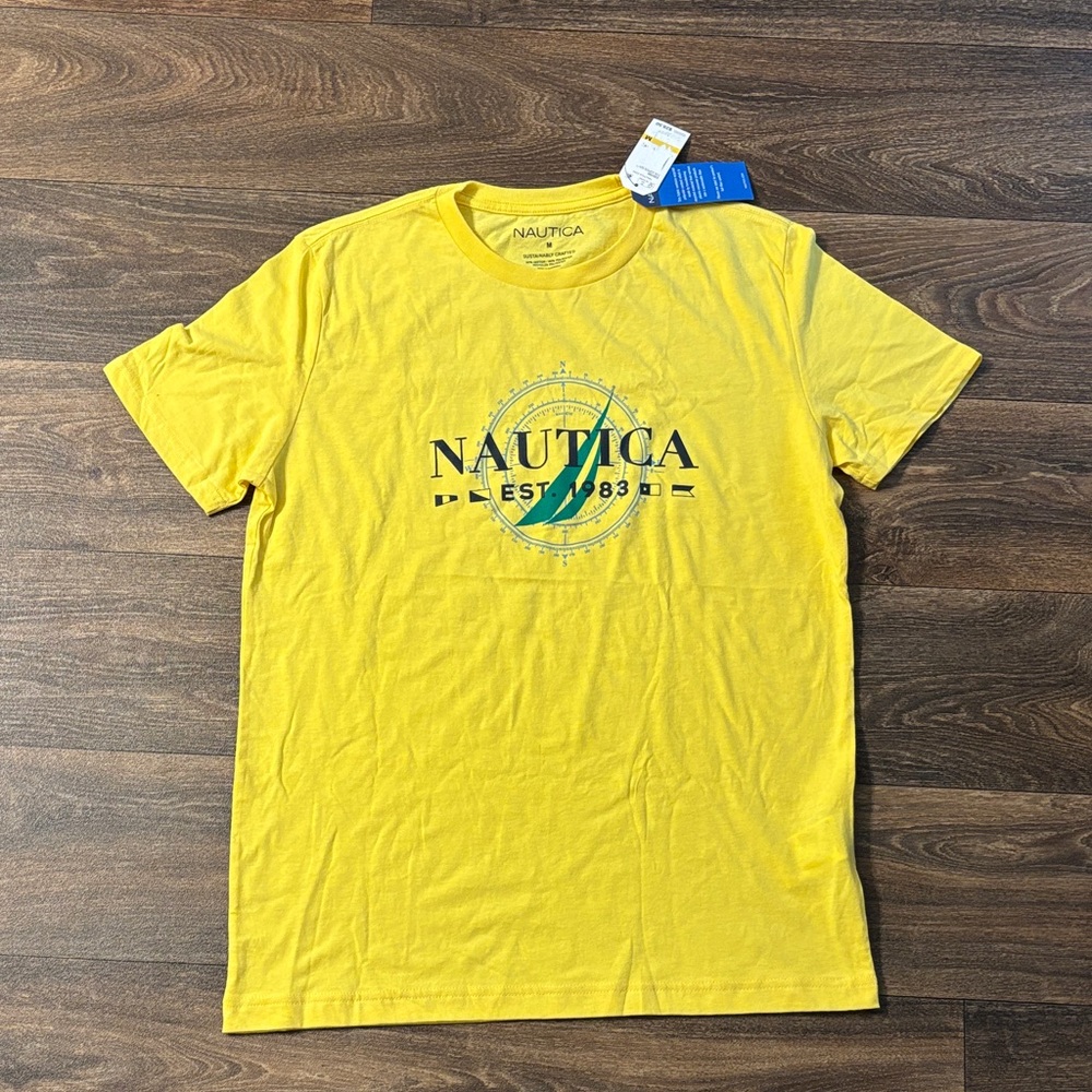 Nautica Men's Bright Yellow Logo Crewneck Tee with Teal Accent